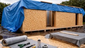 Chantier en construction sous bâche bleue