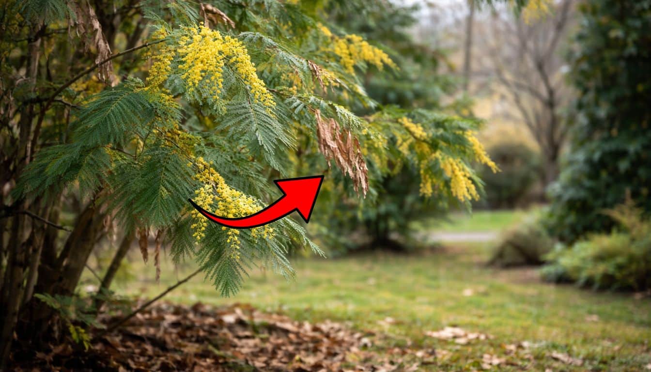 mimosa avec une feuille morte