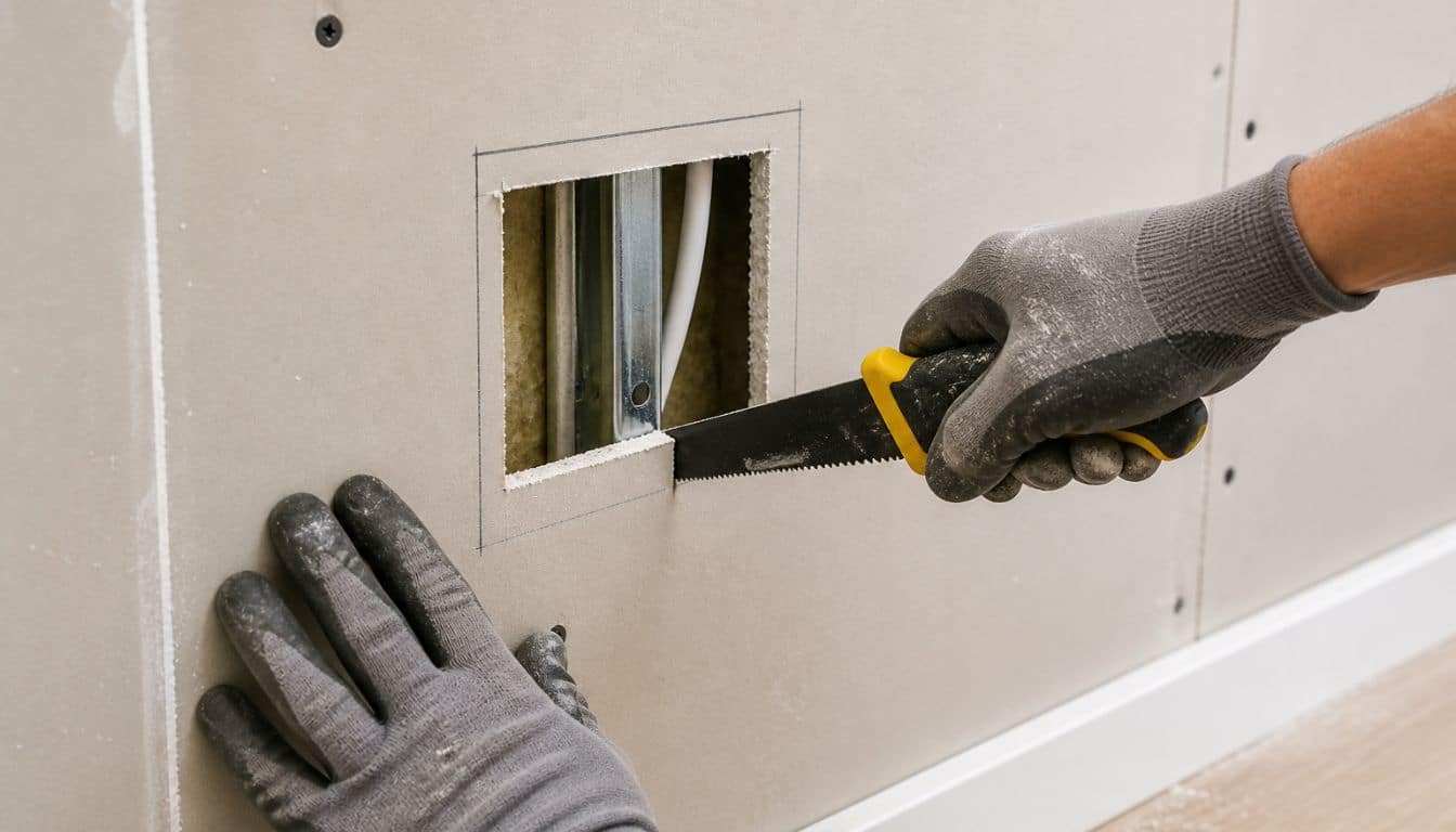 Découpe de plaque de plâtre en cours