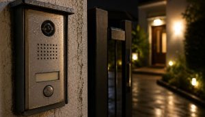 Entrée moderne sous la pluie nocturne