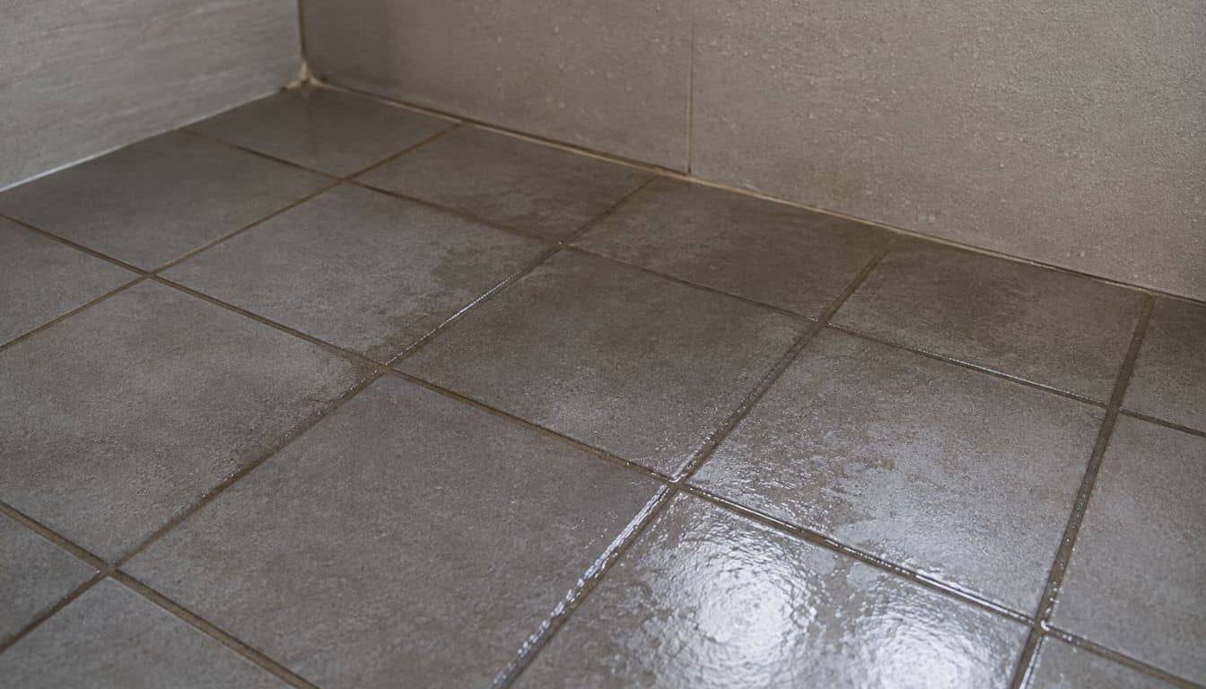 Angle de salle de bain carrelée humide