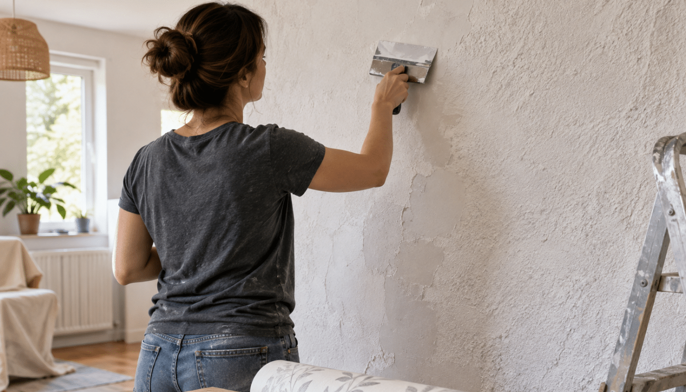 Illustration de l'article : Papier peint sur mur granuleux : peut-on le poser directement et comment préparer le mur ?