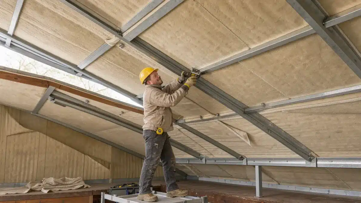 Sous une toiture en bac acier, un couvreur vérifie le feutre anti-condensation et la ventilation