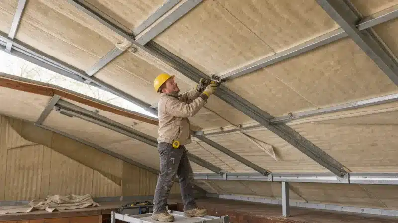 Sous une toiture en bac acier, un couvreur vérifie le feutre anti-condensation et la ventilation