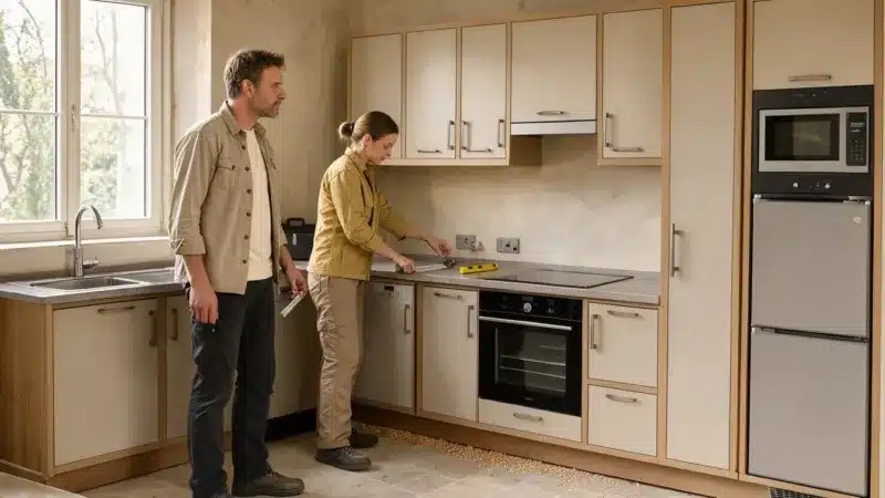 Cuisine Conforama installée dans une maison, avec meubles, plan de travail et électroménager.