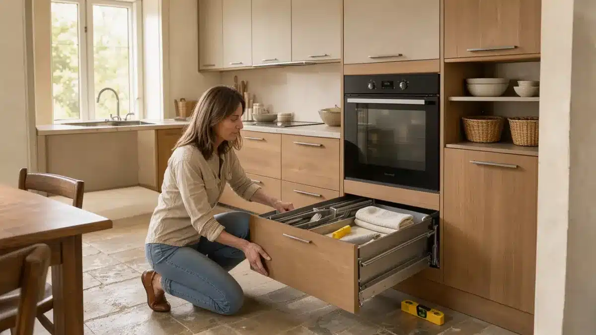Cuisine Delinia installée dans une maison française, avec un tiroir ouvert pour voir ses rangements et ses ferrures.