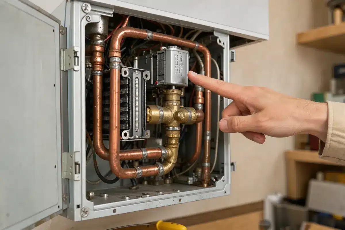 Intérieur d'une chaudière gaz murale avec vanne trois voies, moteur et échangeur à plaques visibles