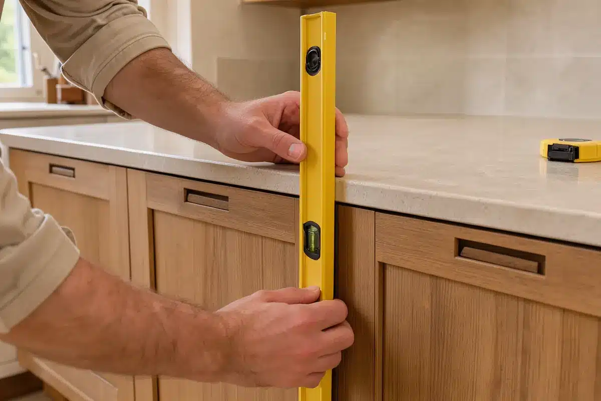 Un poseur vérifie l’alignement des meubles de cuisine avant la réception du chantier.