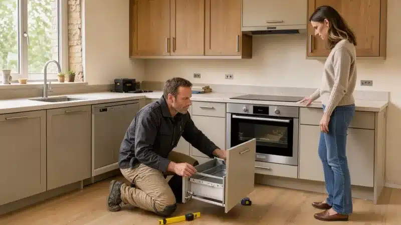 Cuisine Comera installée en France, avec un poseur qui vérifie un tiroir.