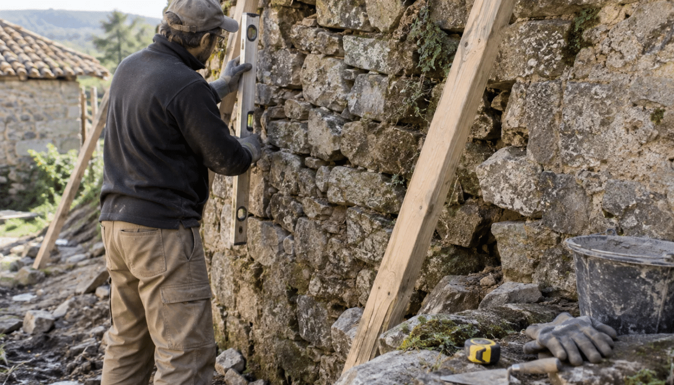 Illustration de l'article : Consolider un mur en pierre qui penche : diagnostic et solutions