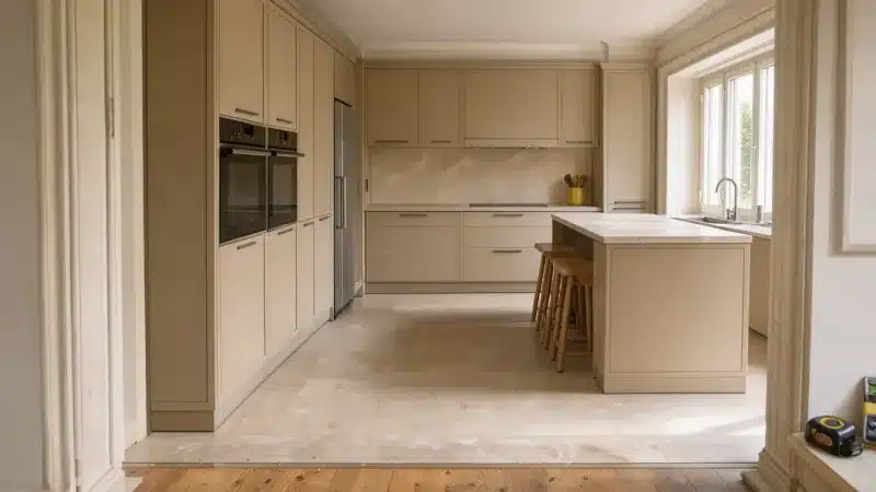 Cuisine Schmidt sur mesure installée dans une maison française, avec îlot central et meubles intégrés.