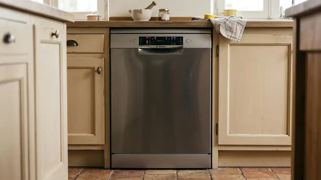 Lave-vaisselle Bosch avec tous les voyants allumés dans une cuisine