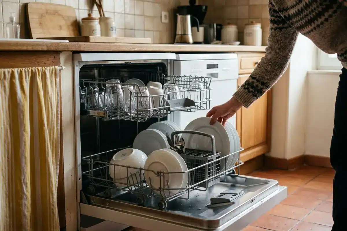 Un lave-vaisselle Valberg ouvert avec des plats propres à vérifier