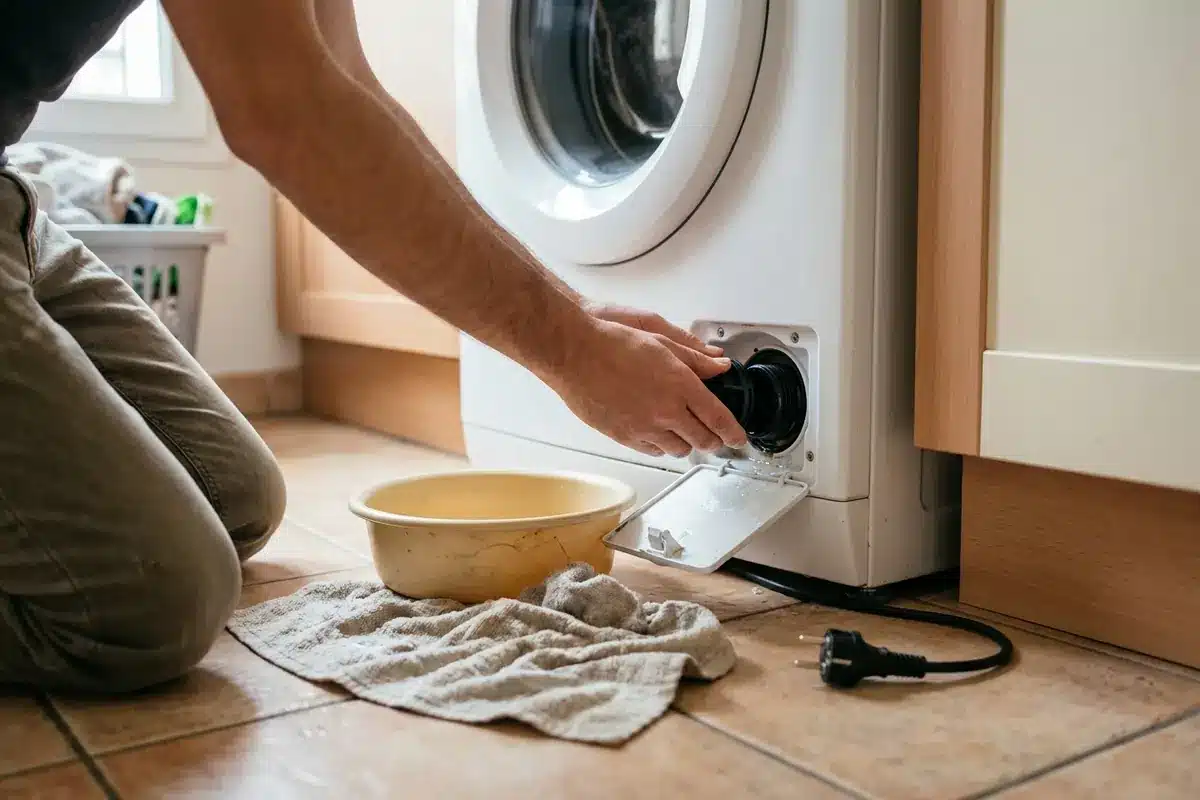Le filtre de vidange d’une machine à laver est vérifié après avoir débranché l’appareil.