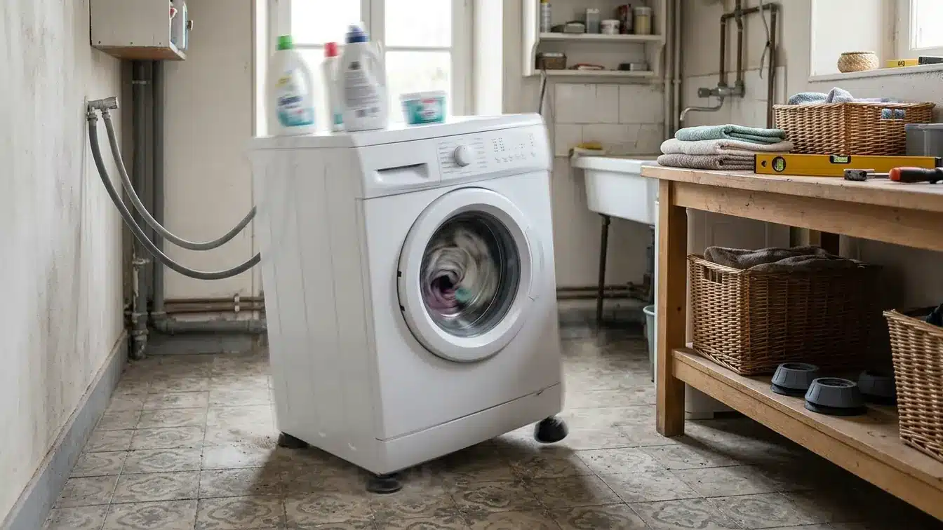 Une machine à laver vibre violemment pendant l’essorage dans une buanderie.