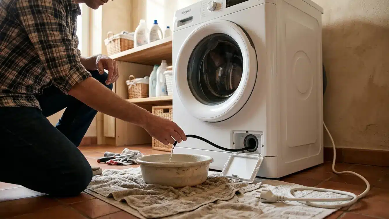 Vidange du filtre d’une machine à laver Whirlpool dans une bassine, appareil débranché.