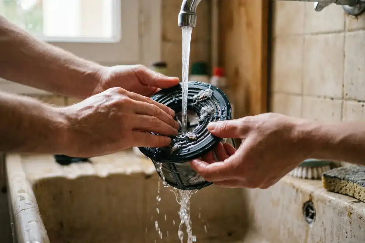 Rinçage du filtre de vidange Whirlpool sous un robinet pour retirer les peluches.