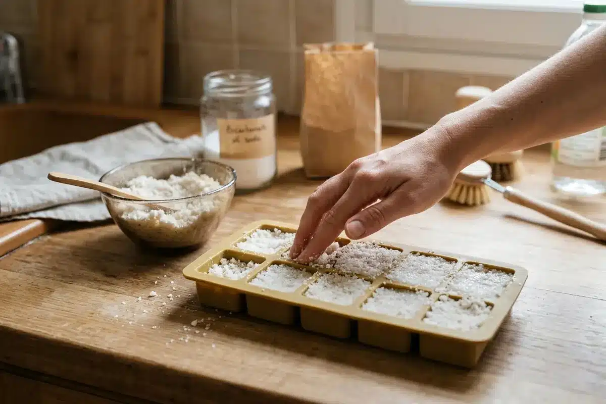 Le mélange pour pastilles lave-vaisselle est tassé dans un bac à glaçons en silicone.