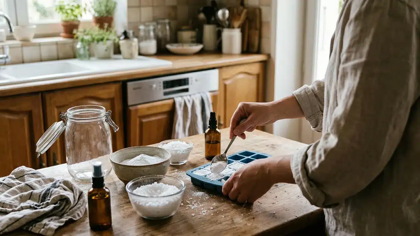 Préparation de pastilles lave-vaisselle maison avec bicarbonate, cristaux de soude et gros sel.