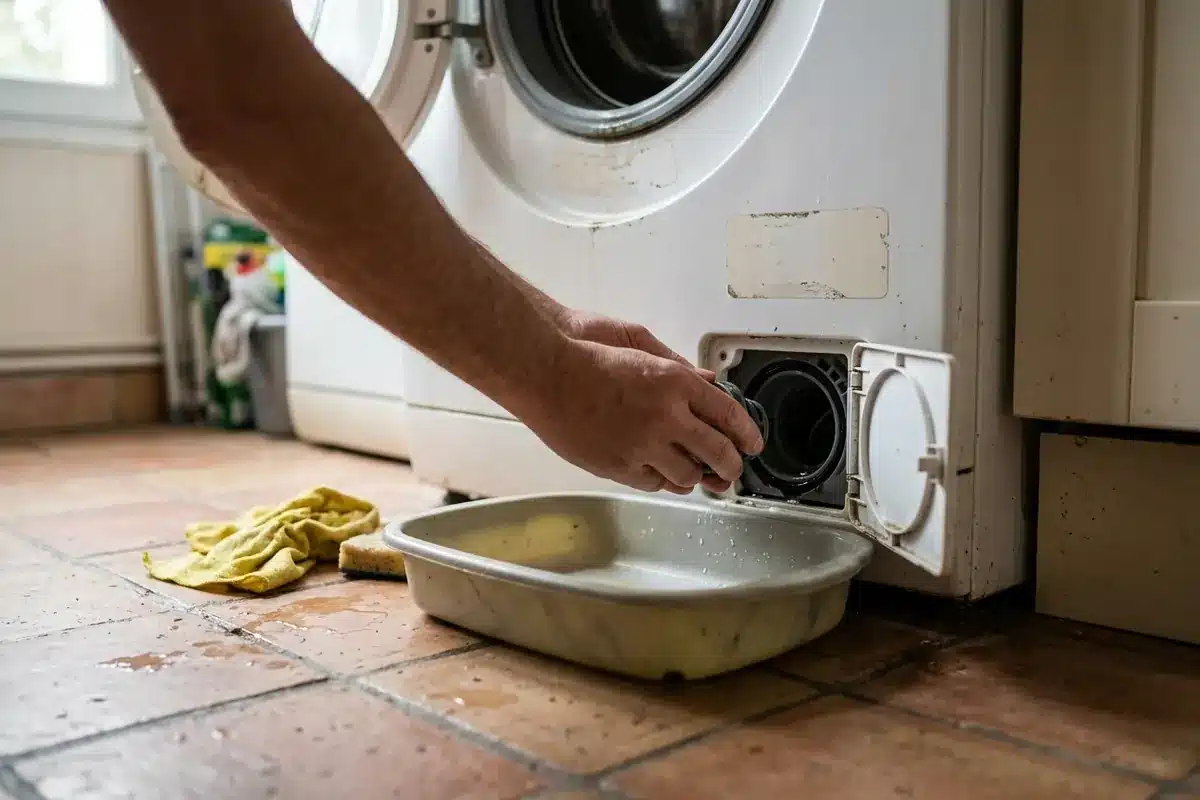 Contrôle du filtre de pompe d’un lave-linge Fagor Innovation Class AA, avec une bassine dessous