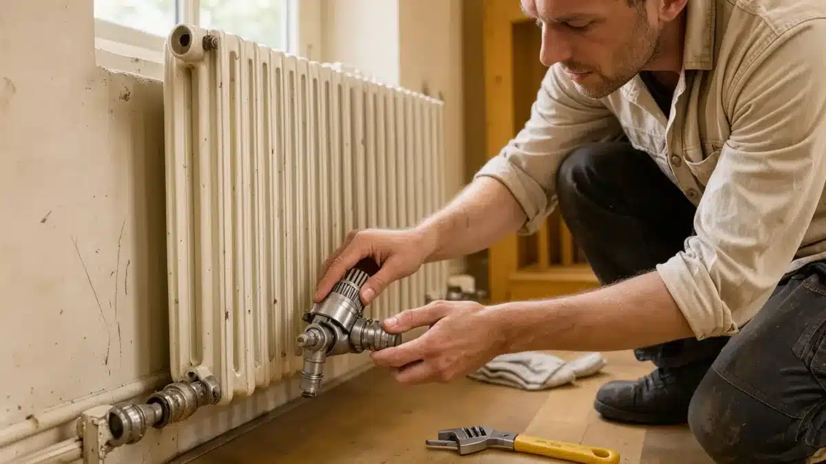 Une tête thermostatique retirée révèle le pointeau d’un radiateur froid.