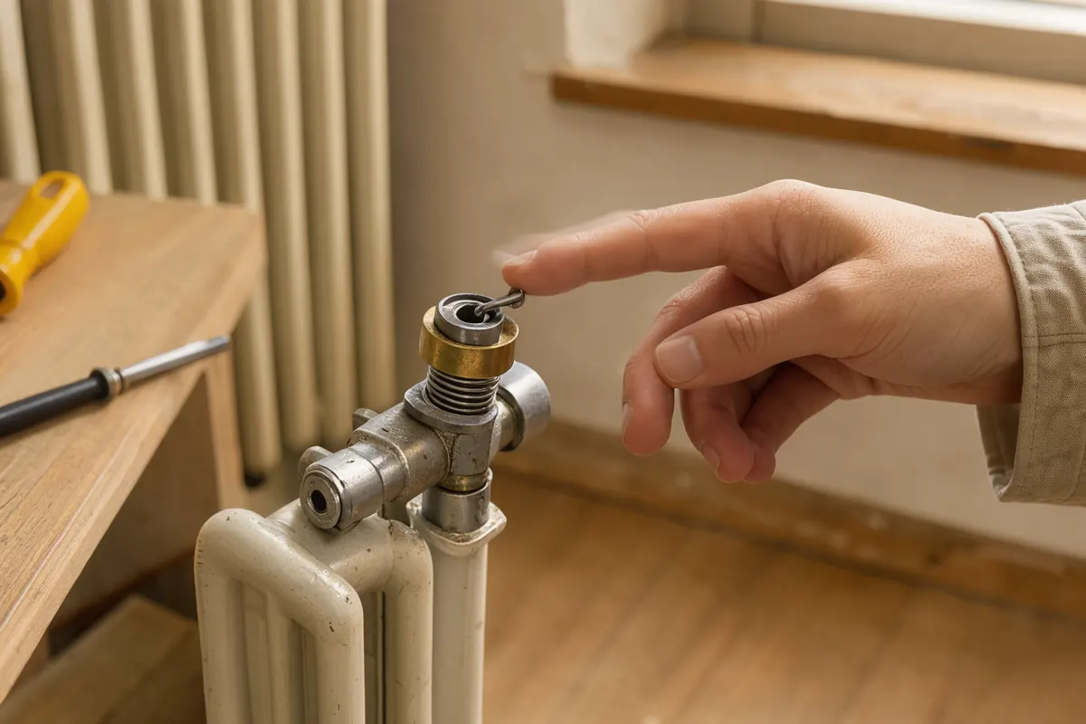 Un doigt presse doucement le pointeau du robinet thermostatique pour le libérer.