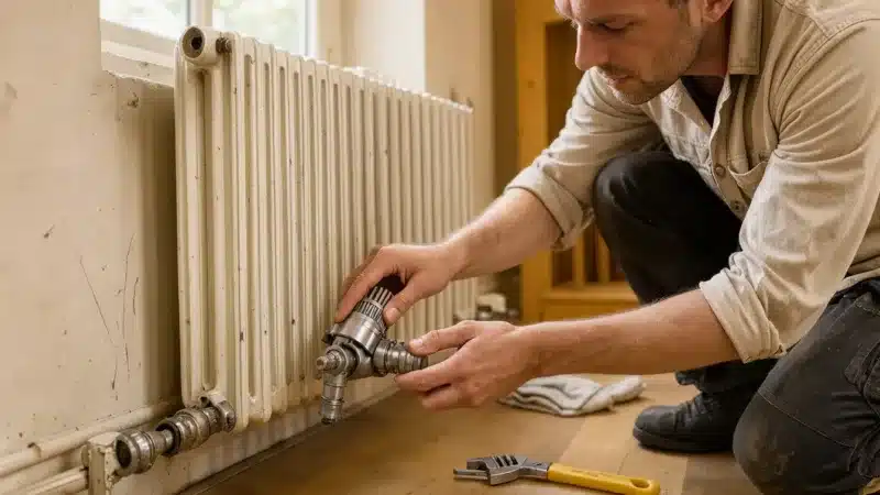 Une tête thermostatique retirée révèle le pointeau d’un radiateur froid.