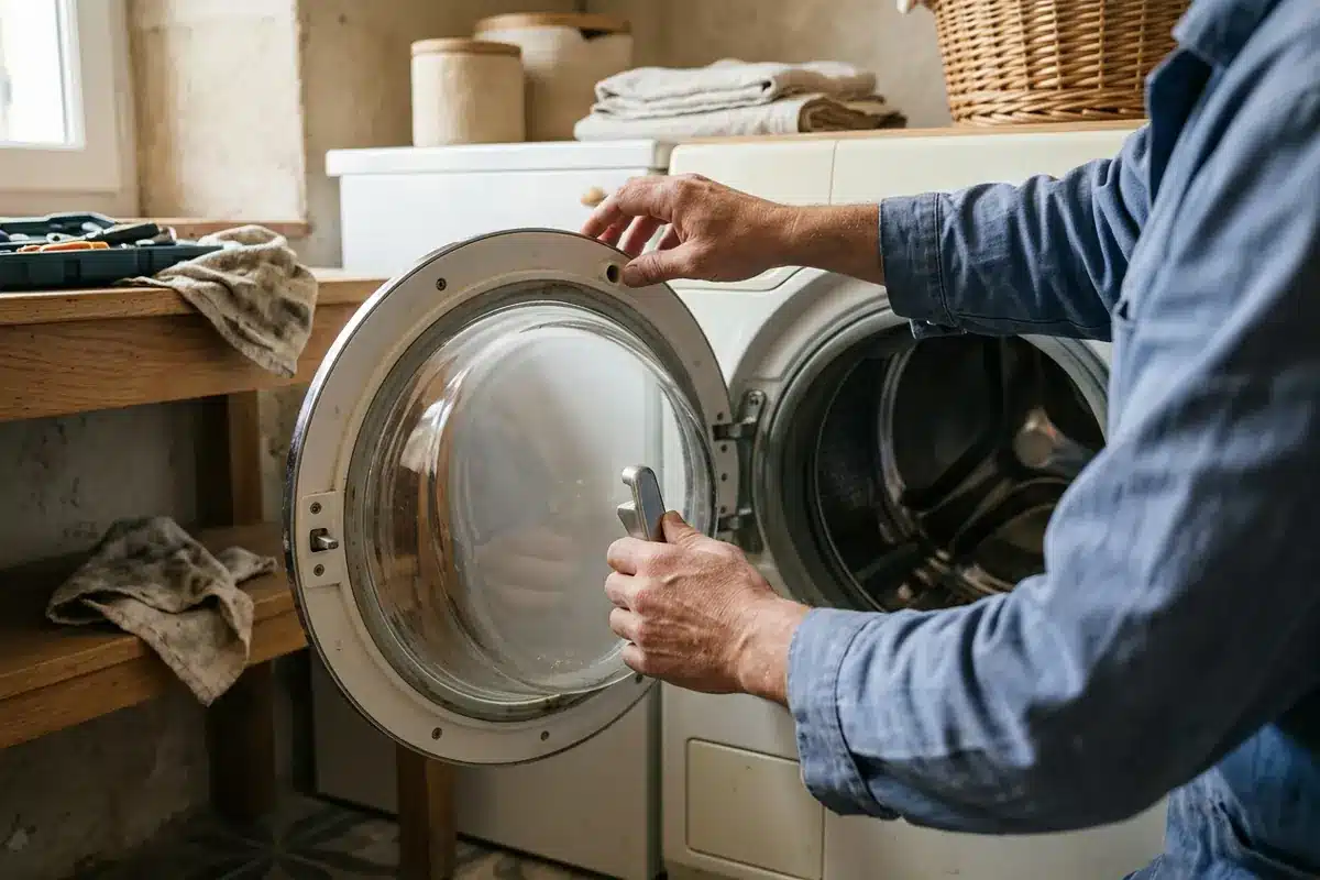 Vérification du crochet et de l’alignement du hublot d’un lave-linge.