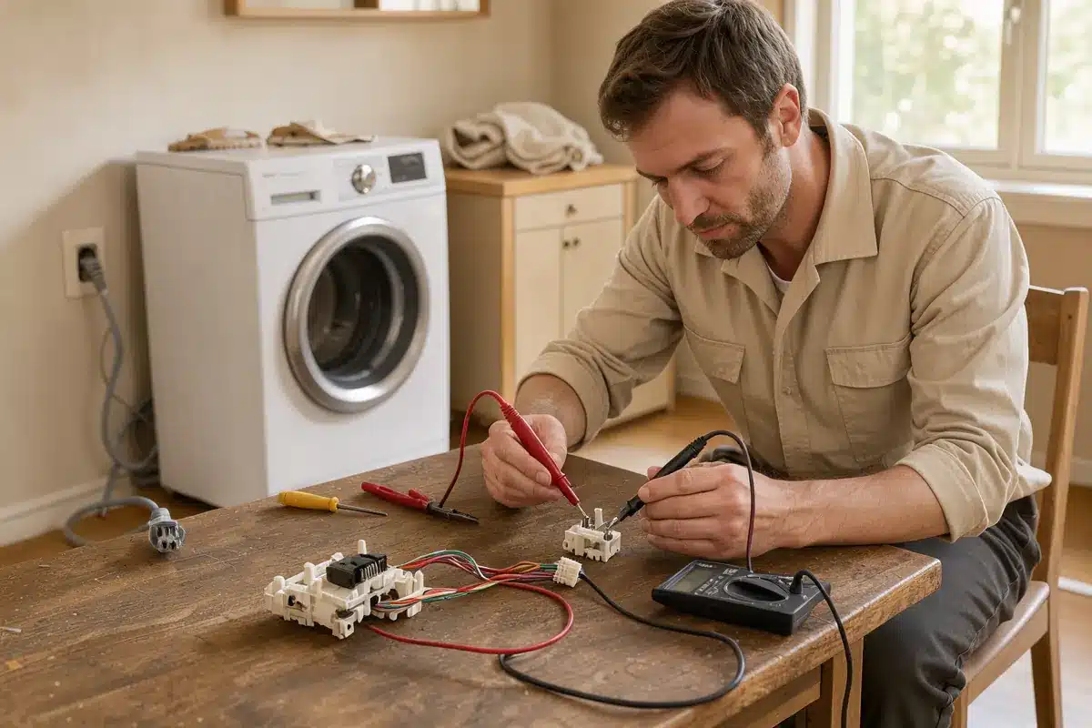 Contrôle au multimètre d’un verrou de porte débranché, lave-linge hors tension