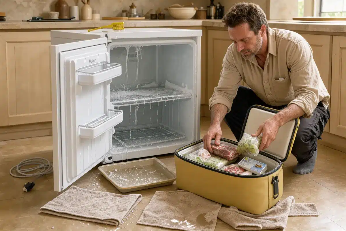 Dégivrage d’un congélateur Haier débranché avec les aliments protégés