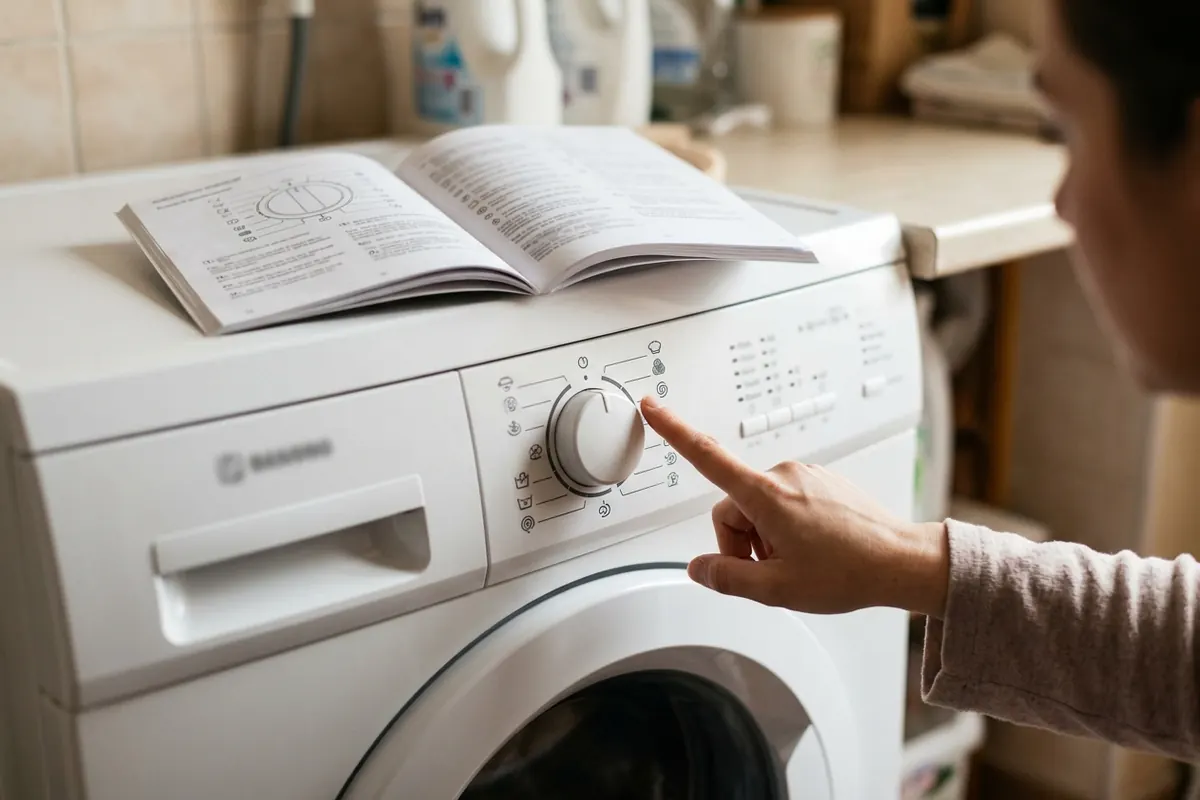 Les pictogrammes du bandeau d’un lave-linge Valberg comparés à la notice.