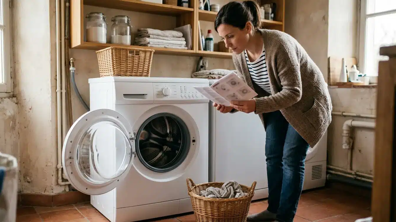 Un lave-linge Valberg et sa notice consultés avant de choisir un programme.