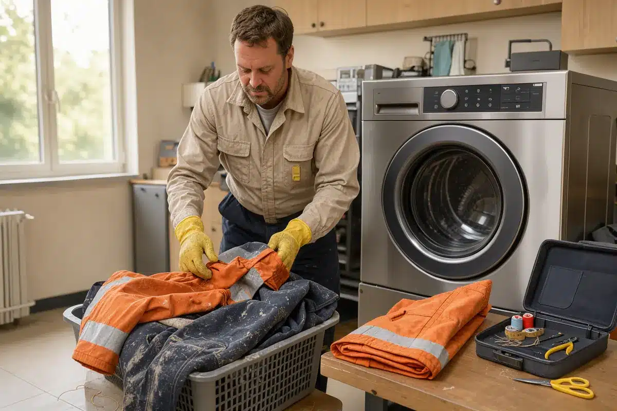 Des vêtements de travail sont triés pour leur nettoyage et leur réparation.