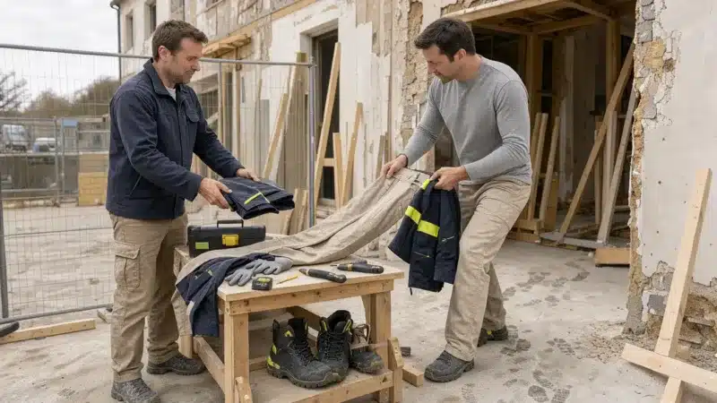 Un employeur remet gratuitement une tenue et des équipements de protection à un ouvrier du bâtiment.